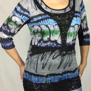 Blue green grey taupe long sleeved Adam Jacobs Women’s Top graffiti design